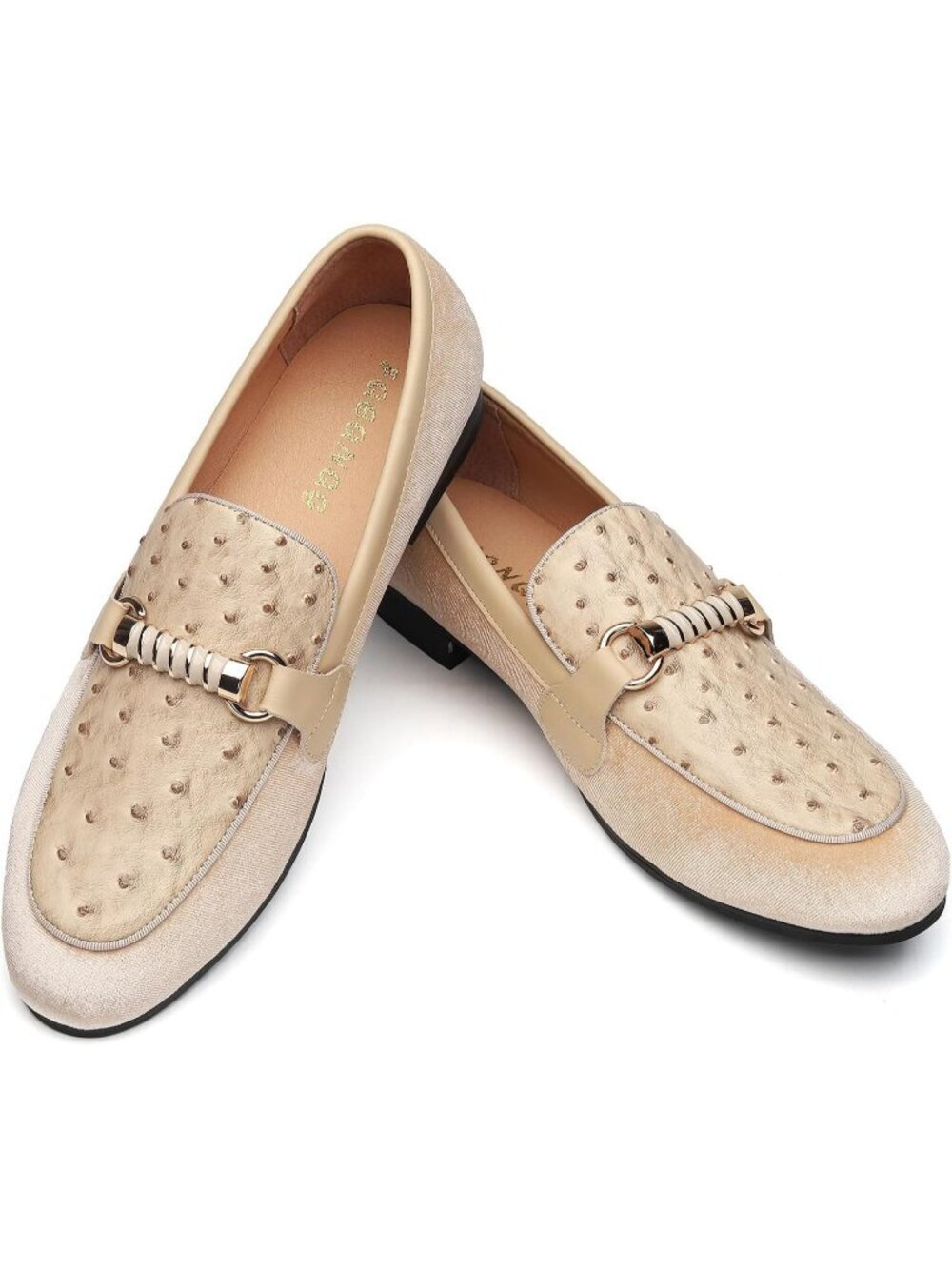 FQEQNQG Men's Beige Velvet Loafers Rose Gold Buckle Penny Slip On Casual Shoes